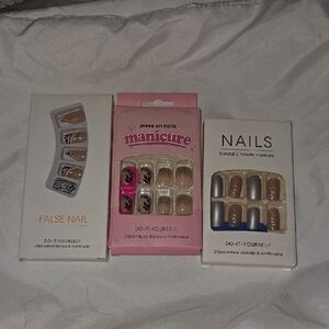 3 Press-On Nails Set - Pink, Black, Brown